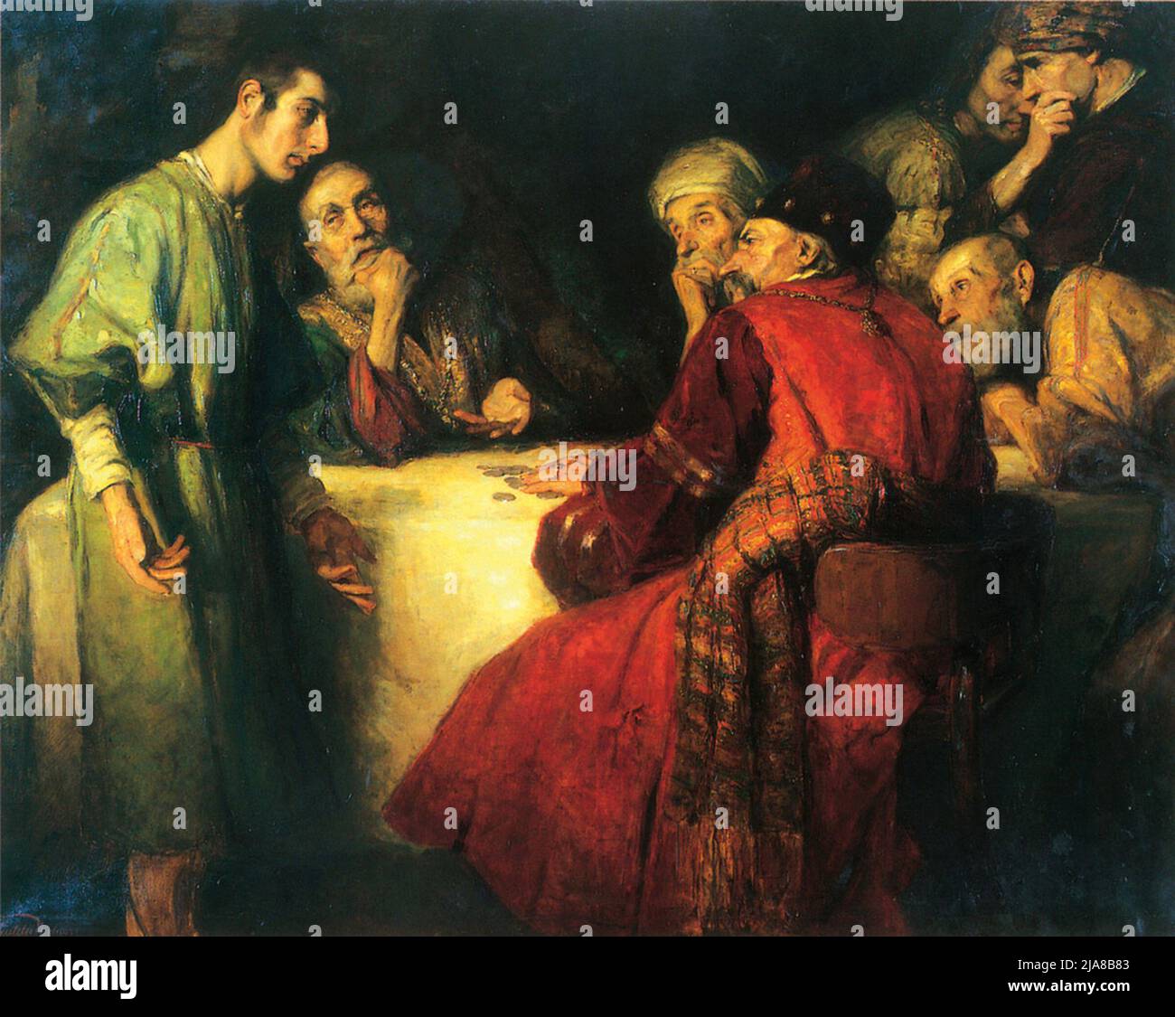 Giuda riceve trenta pezzi d'argento per aver tradito Gesù, di János Pentelei Molnár. Foto Stock