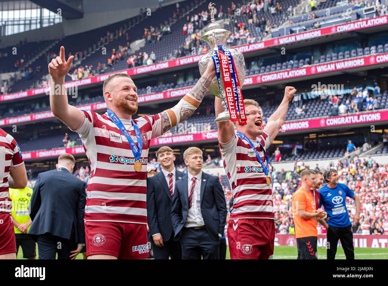 LONDRA, REGNO UNITO. 28th, 2022 maggio. Durante la finale di Betfred Challenge Cup - Wigan Warriors vs Huddersfield Giants al Tottenham Hotspur Stadium sabato 28 maggio 2022. LONDRA INGHILTERRA. Credit: Taka G Wu/Alamy Live News Foto Stock