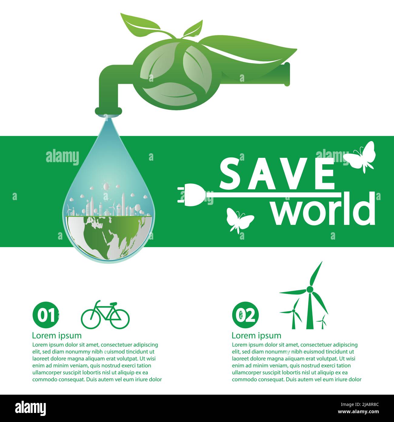 Mondo con idee concettuali eco-compatibili, modello infografico, illustrazione vettoriale Illustrazione Vettoriale