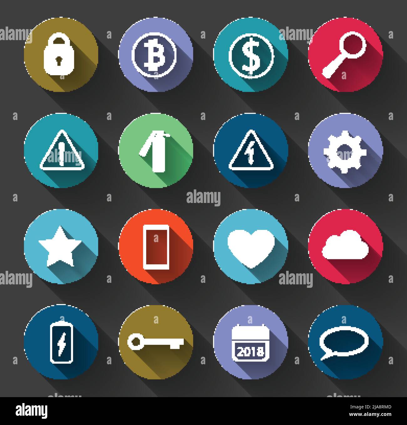 Simboli di avvertimento e icone sociali impostati con Long Shadow.Symbols utilizzati nella vita di tutti i giorni. Application Vector Illustrator Illustrazione Vettoriale