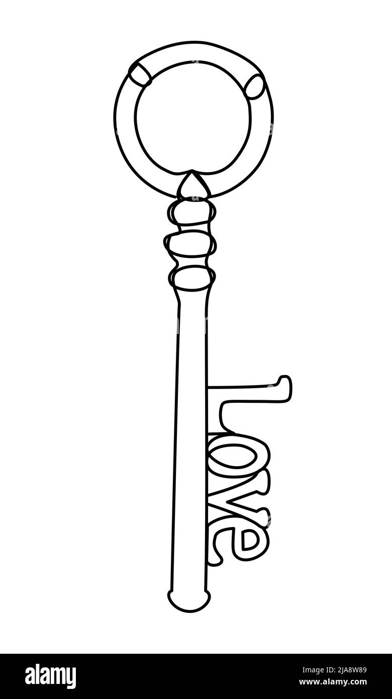 Una chiave di linea al cuore con amore di parola. Illustrazione minimalista per giorni valentini. Elemento vettoriale per il gesto romantico Illustrazione Vettoriale