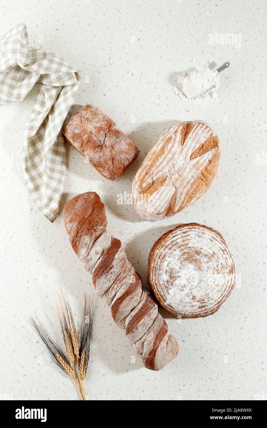 Vari tipi di pane a pasta di Sourdough, vista dall'alto. Segale, grano, e pane rustico pani su calcestruzzo sfondo Tabella. Foto Stock