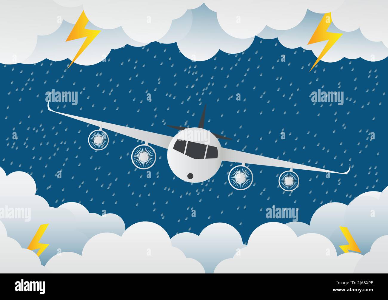L'aereo vola attraverso le nuvole. Pioggia giorno e fulmine in nuvole, illustrazione vettoriale. Su sfondo astratto.carta arte Illustrazione Vettoriale