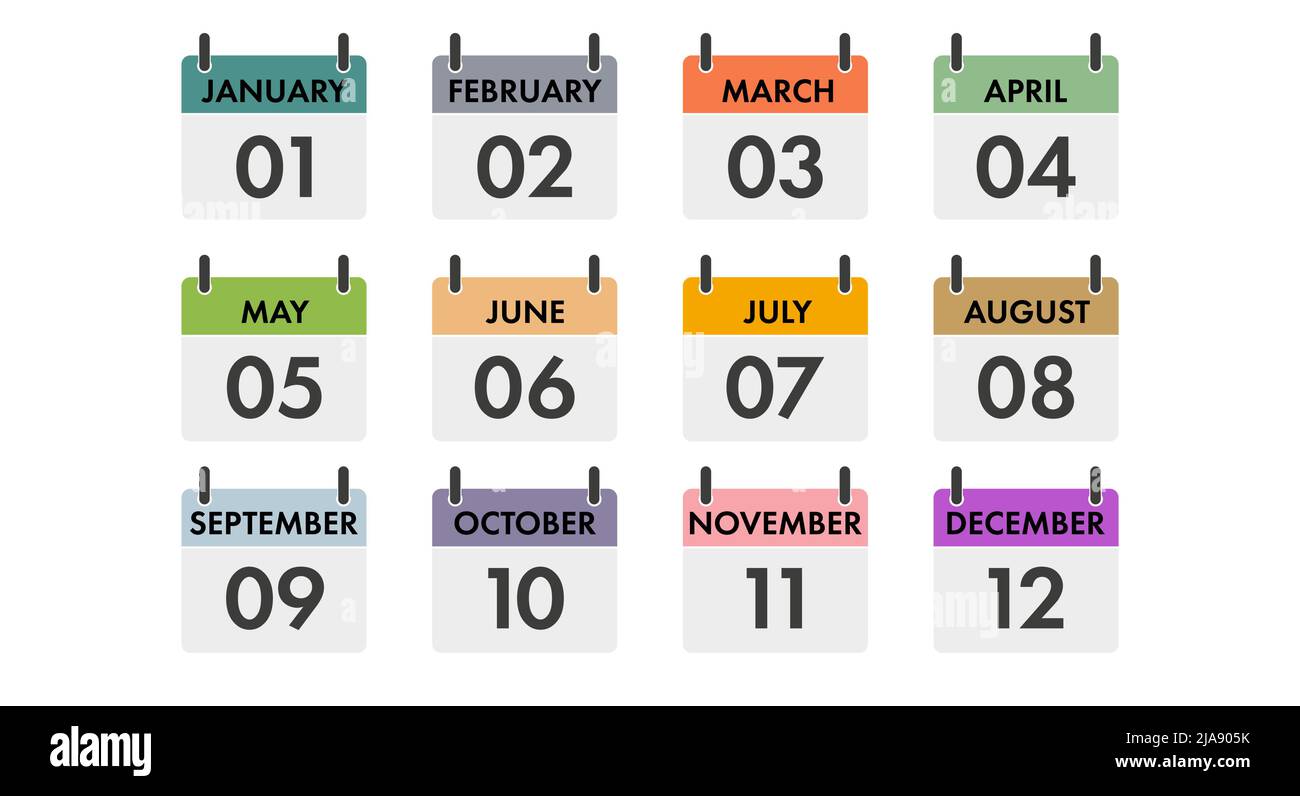 Icone del calendario annuale impostate. Tutti i dodici mesi con nomi e numeri di serie. Modello per la creazione di un'icona per qualsiasi giorno dell'anno. Illustrazione vettore piatto Illustrazione Vettoriale