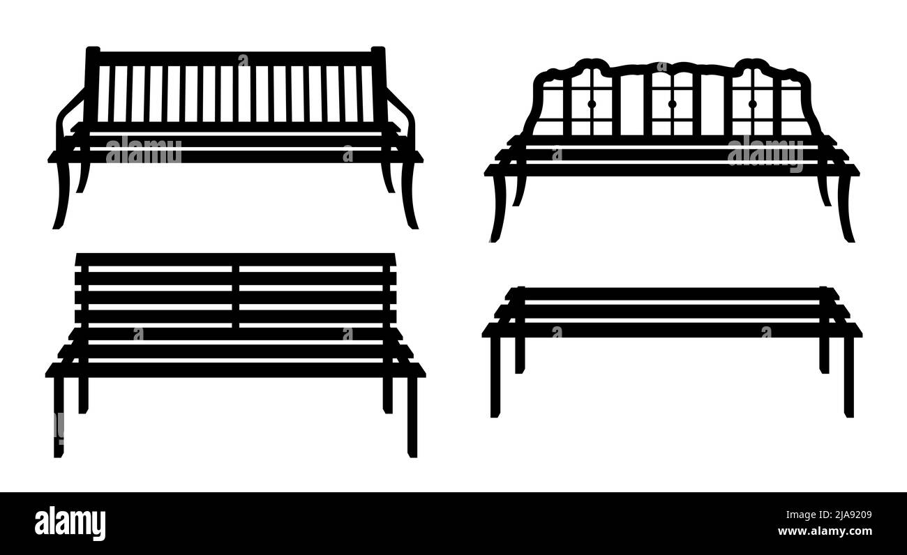 Panca per strada e parco. Set silhouette sedia da esterno. Mobili urbani per aree pubbliche. Illustrazione piatta isolata su sfondo bianco. Foto Stock