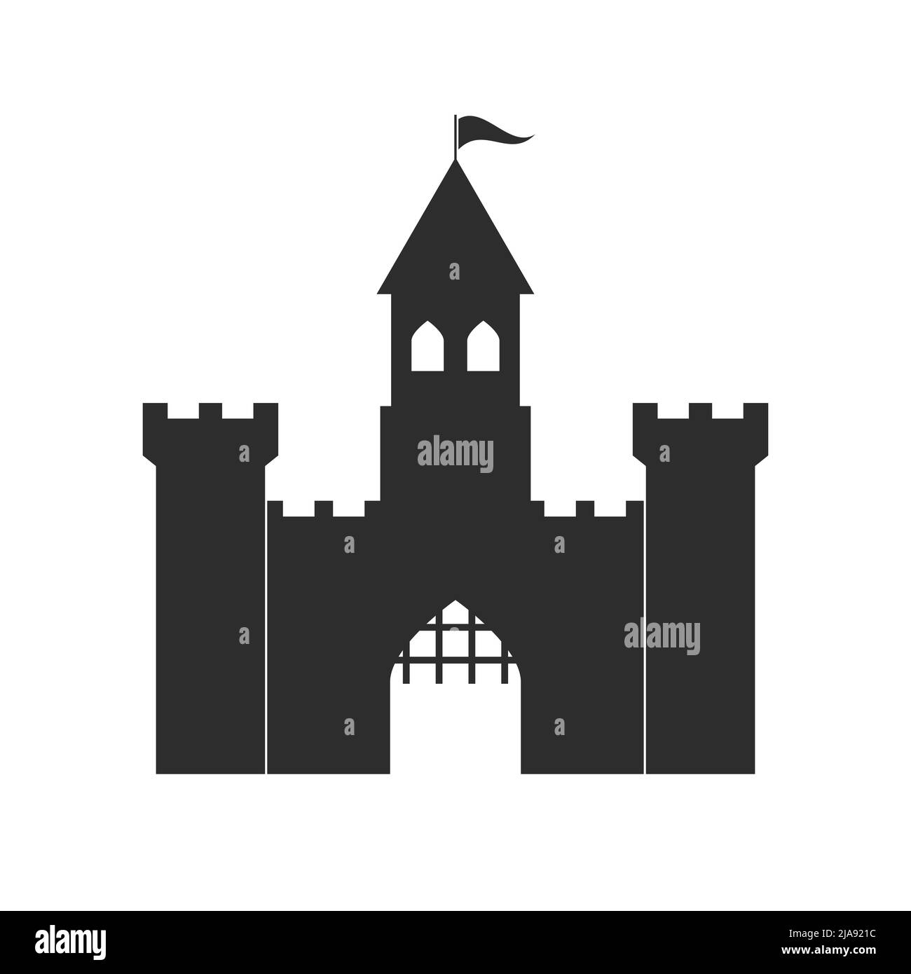 Castello medievale con torri di guardia e cancello di sollevamento. Fortezza feudale, feudalesimo. Castello fiabesco. Illustrazione piatta isolata su sfondo bianco. Foto Stock