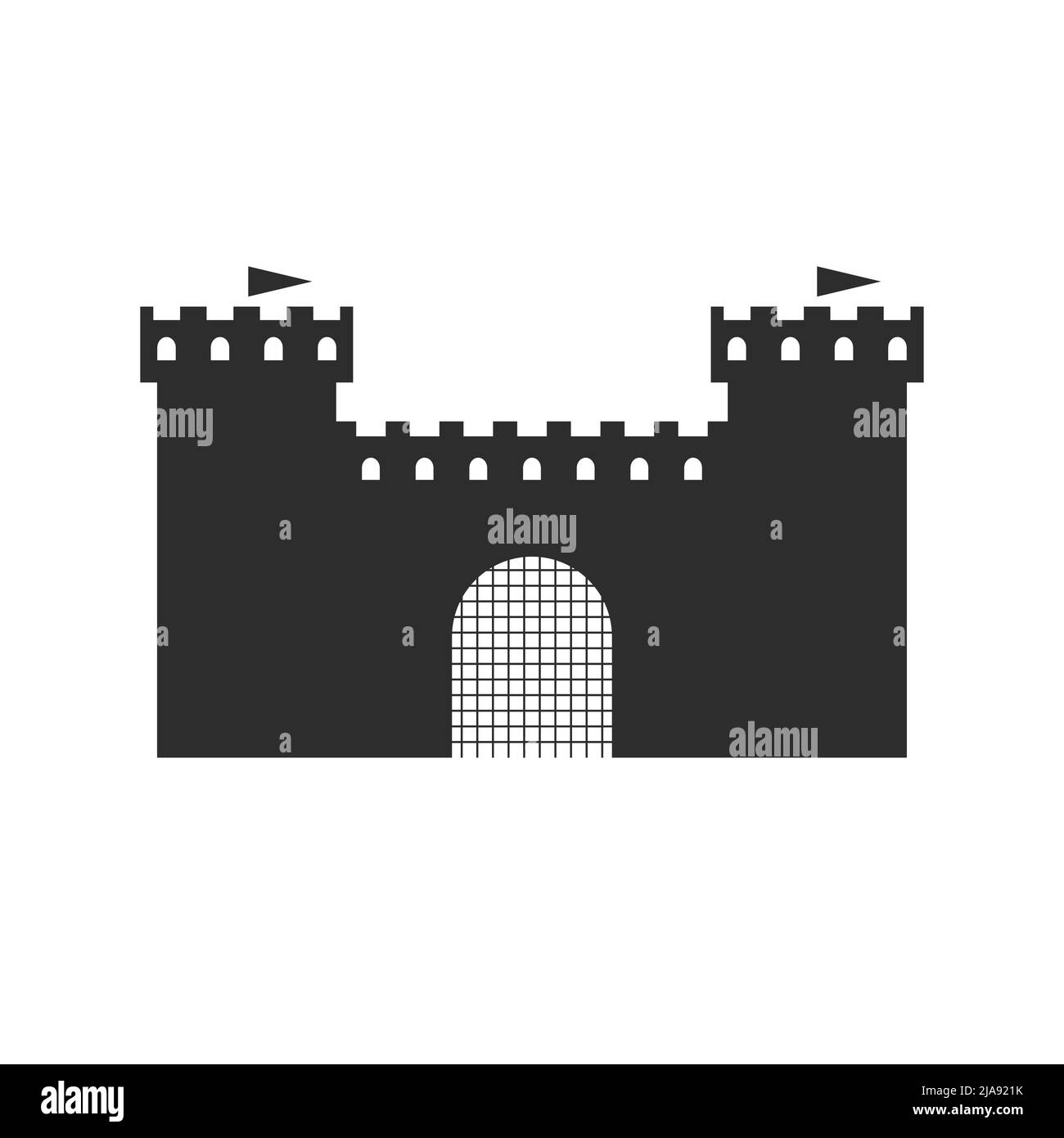 Castello medievale con torri di guardia e cancello di sollevamento. Fortezza feudale, feudalesimo. Castello fiabesco. Illustrazione piatta isolata su sfondo bianco. Foto Stock
