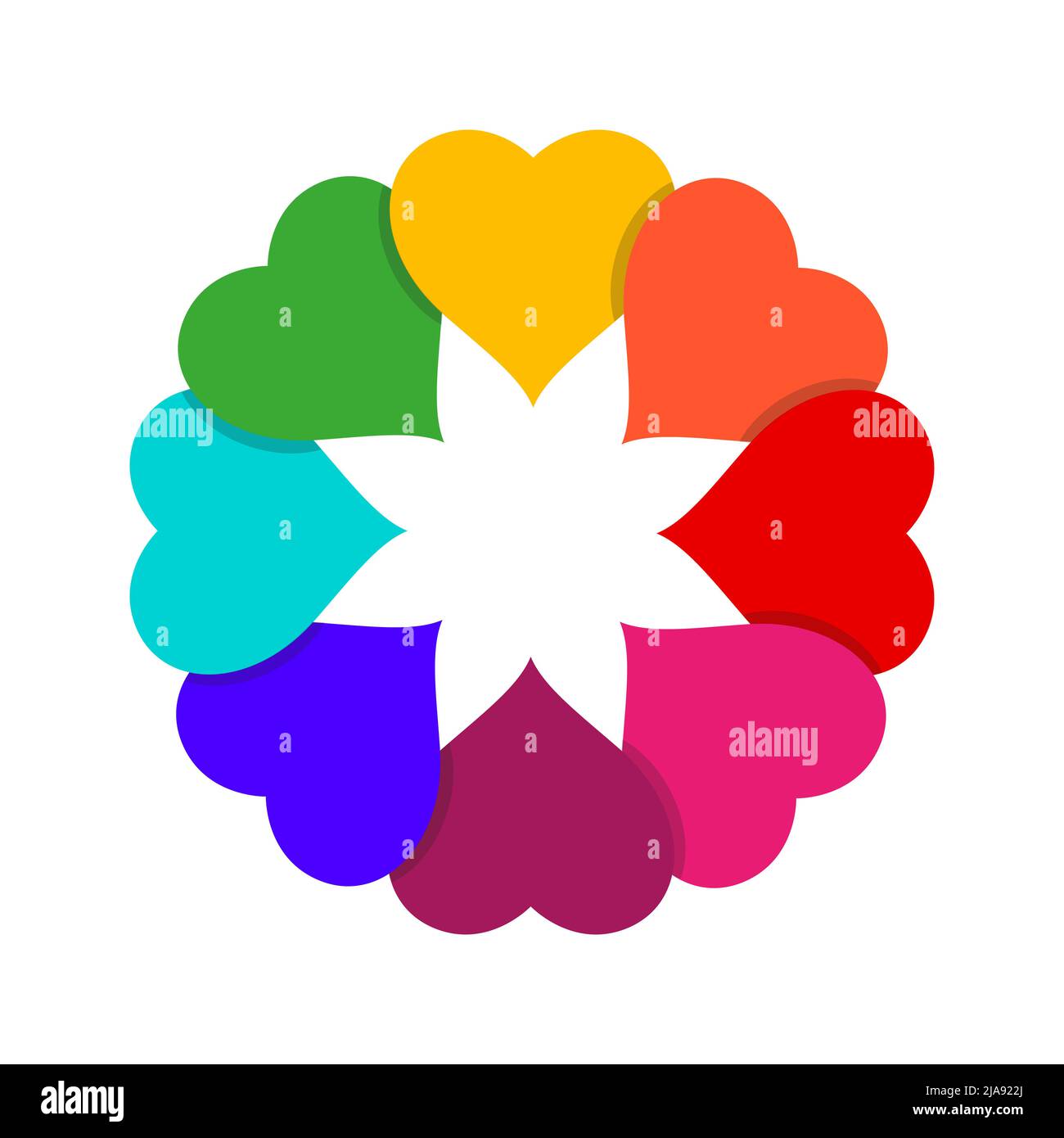 Cuori multicolore con ombre in cerchio con spazio di copia al centro. Il cuore della gente insieme concetto. Amore, amicizia e cooperazione. Illustrazione piatta Foto Stock