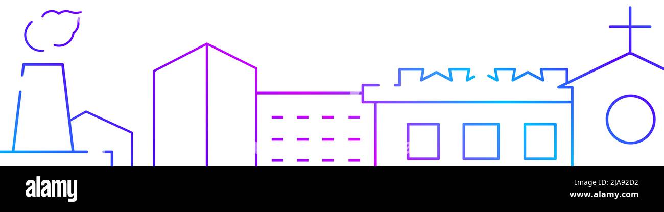 Gli edifici del paesaggio urbano si riferiscono al banner orizzontale o al modello del bordo inferiore. Illustrazione della linea a gradiente piatta isolata su bianco. Foto Stock