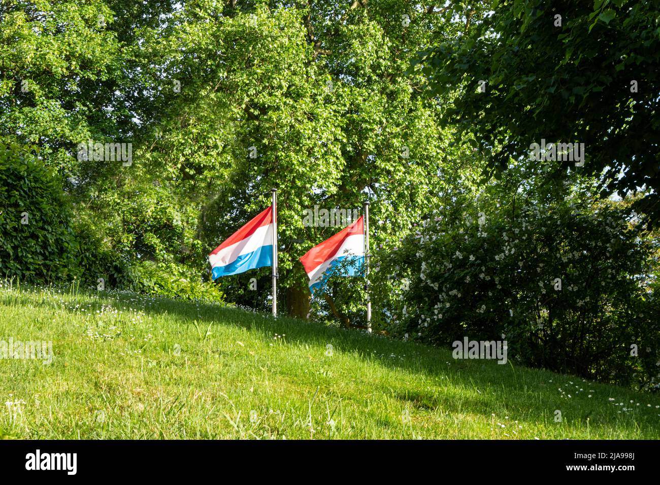 Città di Lussemburgo, maggio 2022. Le bandiere lussemburghesi volano in un parco Foto Stock