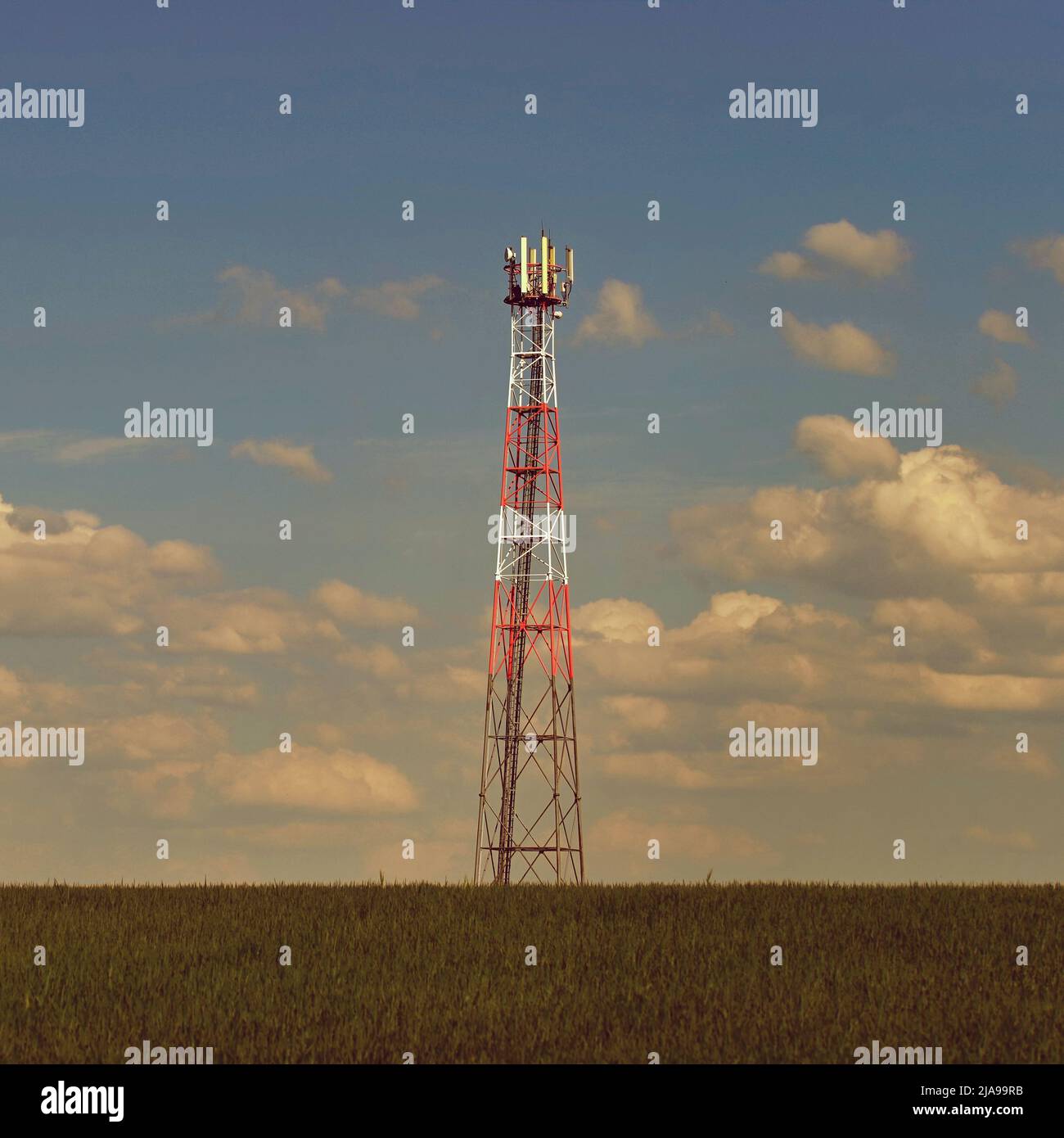 Trasmettitore per segnale GSM di telefoni cellulari sul campo. Sullo sfondo cielo blu con nuvole. Concetto per la tecnologia e l'industria moderna - Telecom Foto Stock