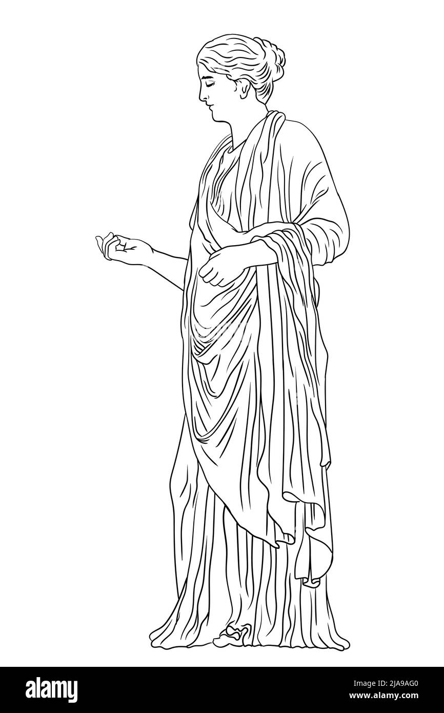 Una giovane donna greca antica in una tunica e mantello si alza lo sguardo lontano e gesti. Figura isolata su sfondo bianco. Illustrazione Vettoriale