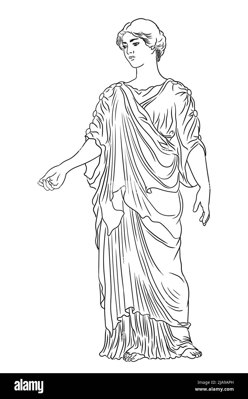 Una giovane donna greca antica in una tunica e mantello si alza lo sguardo lontano e gesti. Figura isolata su sfondo bianco. Illustrazione Vettoriale
