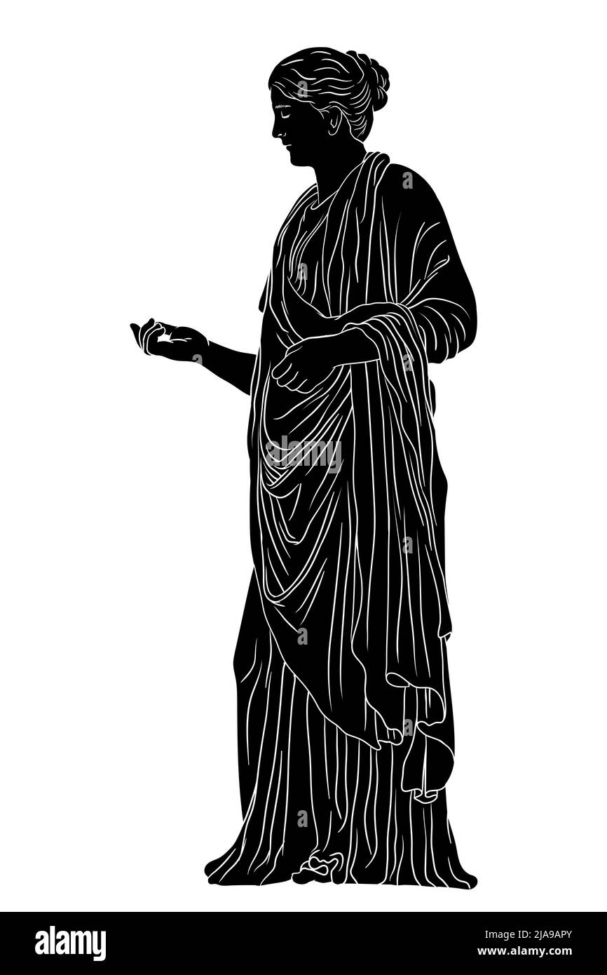Una giovane donna greca antica in una tunica e mantello si alza lo sguardo lontano e gesti. Silhouette nera isolata su sfondo bianco. Illustrazione Vettoriale