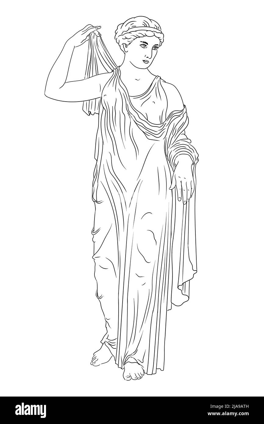 Un'antica donna greca si alza e indossa un abito. Figura isolata su sfondo bianco. Illustrazione Vettoriale