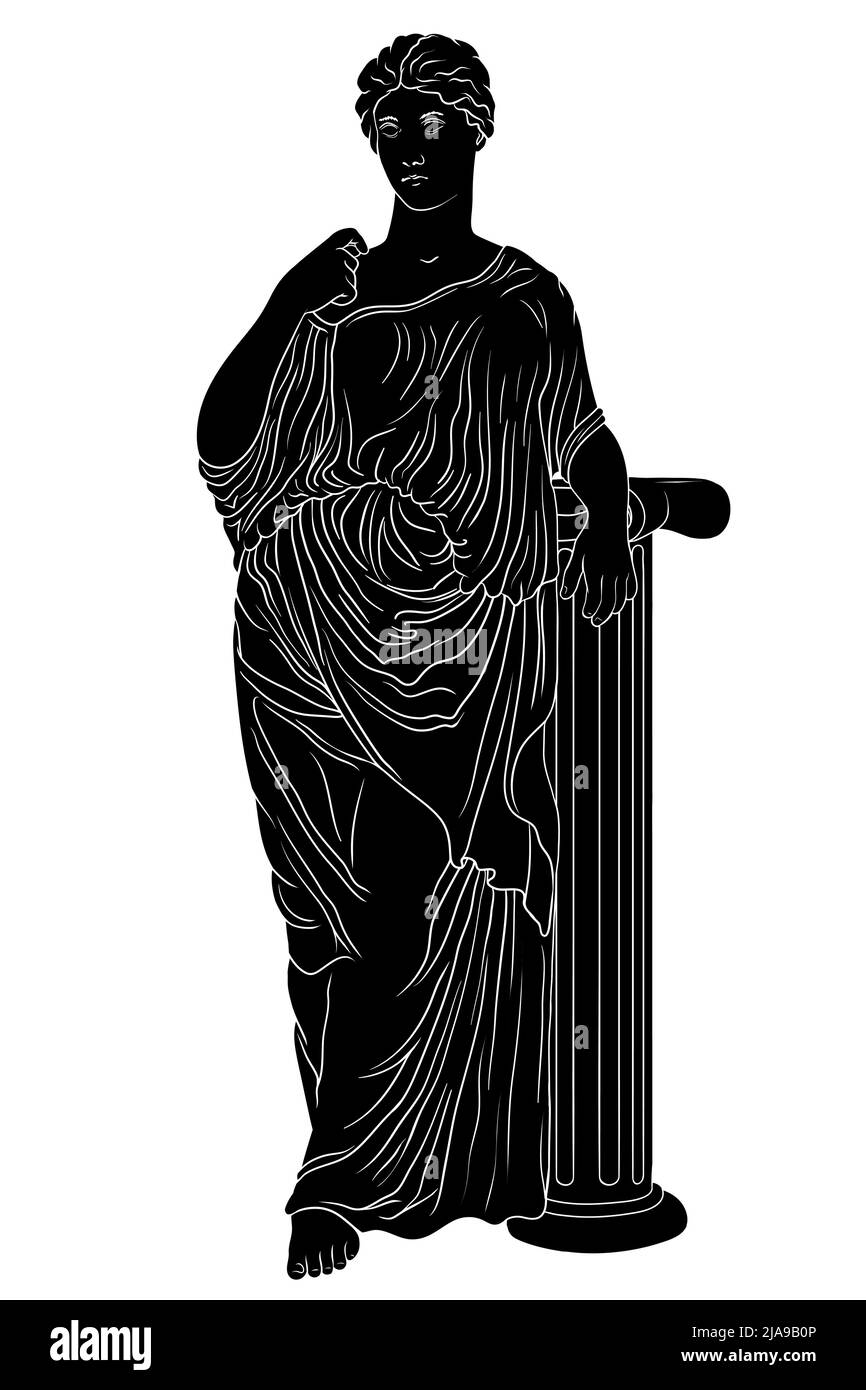 Una giovane bella e snella donna greca antica in una tunica si erge vicino ad una colonna di marmo e guarda via. Illustrazione Vettoriale