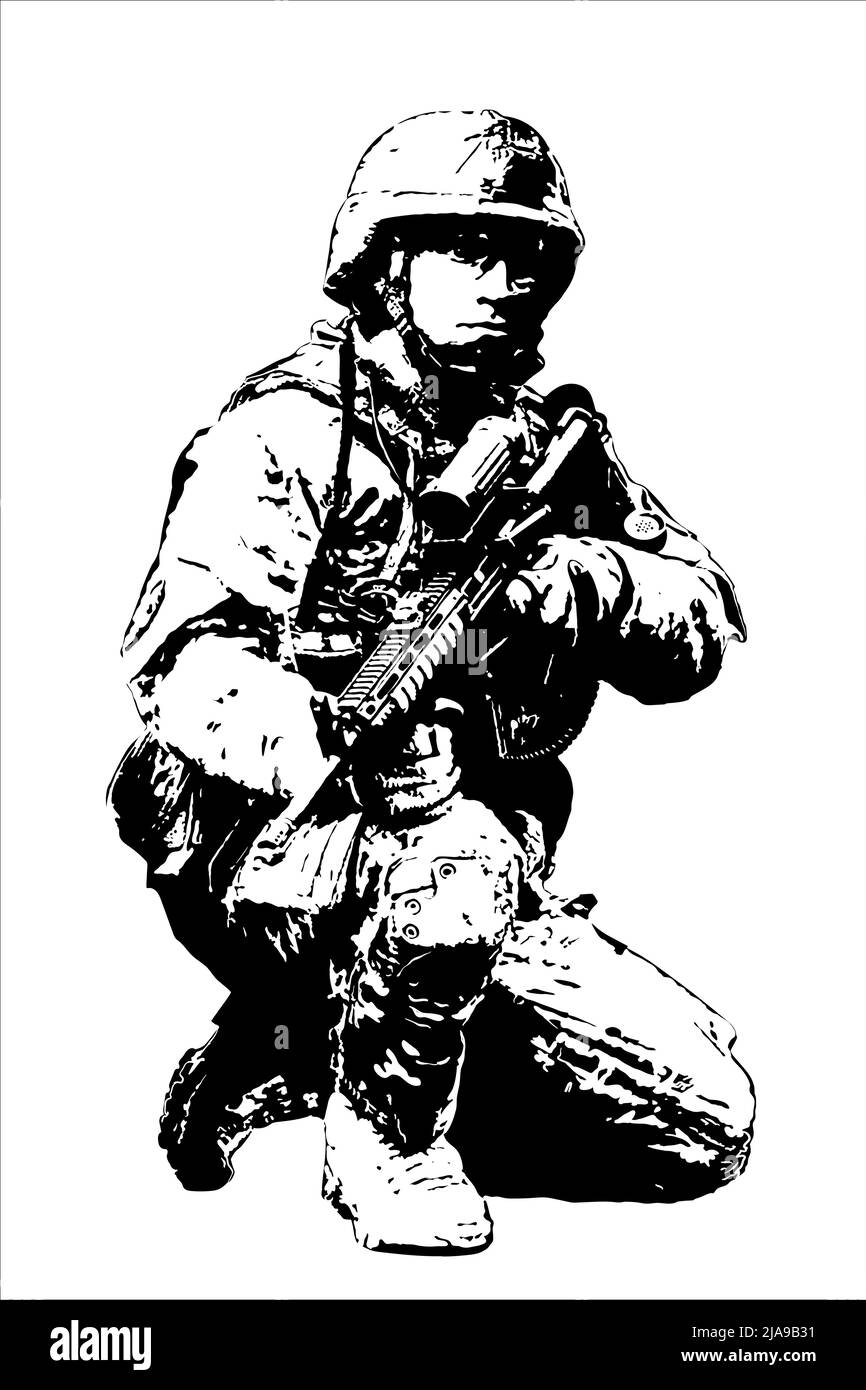 Un soldato con armi in mano e una divisa americana, con un casco sulla testa, siede e guarda lateralmente. Contrasto disegno in bianco e nero i Illustrazione Vettoriale