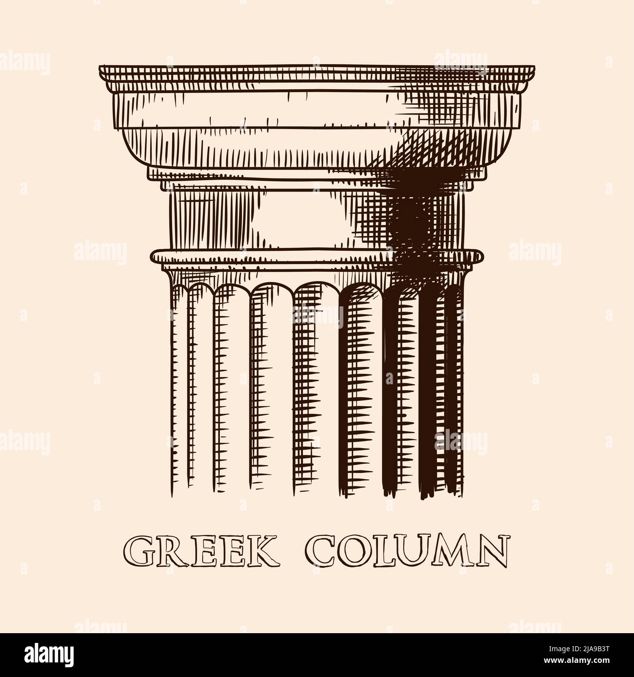 La capitale di un'antica colonna greca. Disegno a mano dello schizzo isolato su sfondo beige. Illustrazione Vettoriale