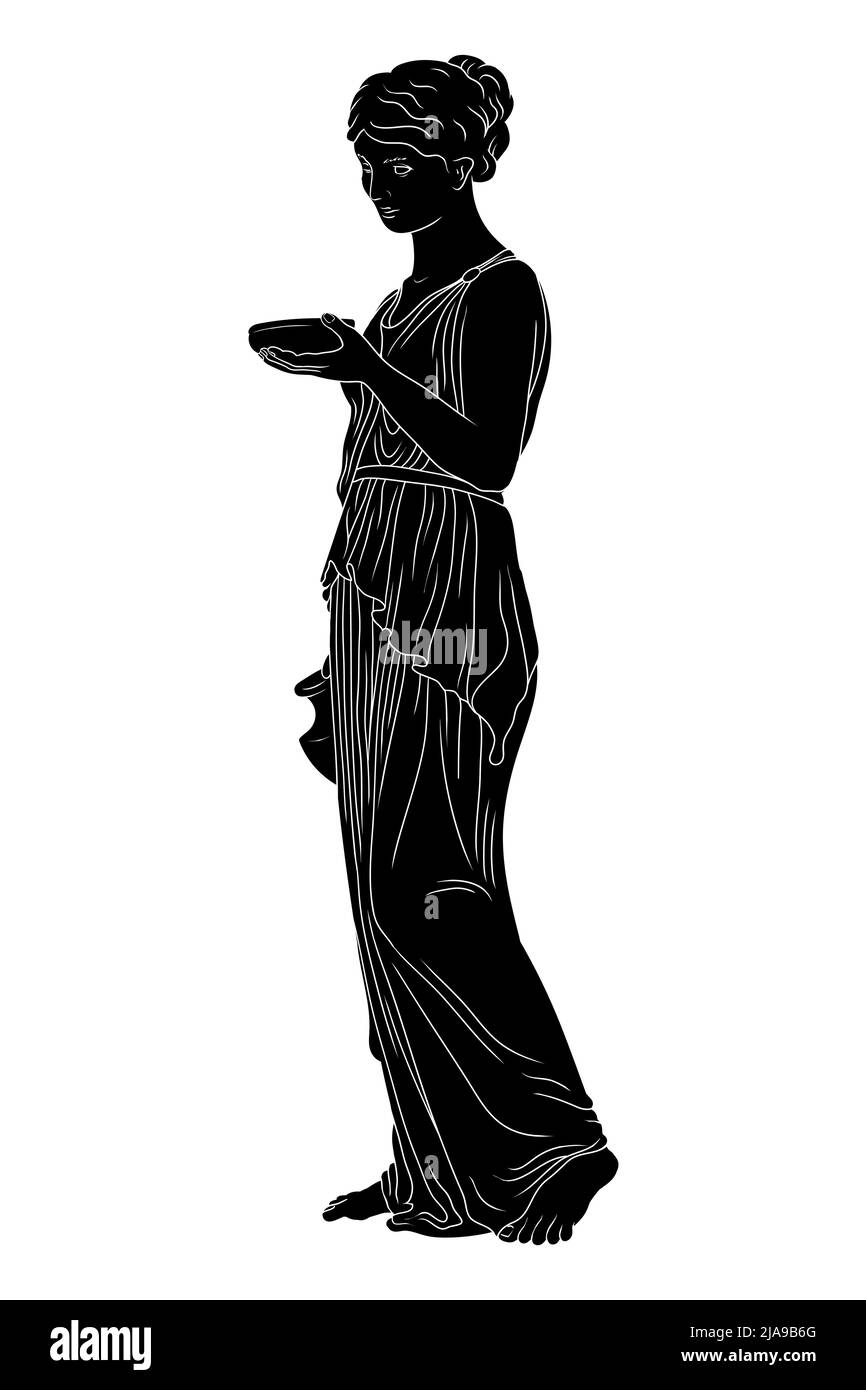 Una giovane donna greca antica, snella e snella, tiene in piedi una brocca di vino e una ciotola. Illustrazione Vettoriale