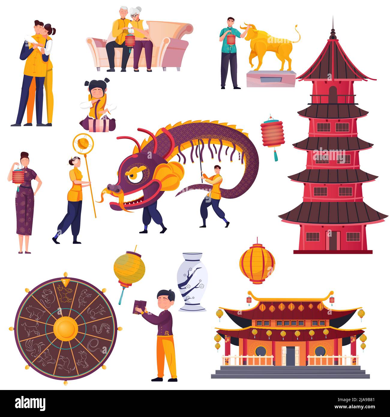 Icone piatte impostate con simboli cinesi del nuovo anno edifici persone isolate su sfondo bianco illustrazione vettoriale Illustrazione Vettoriale