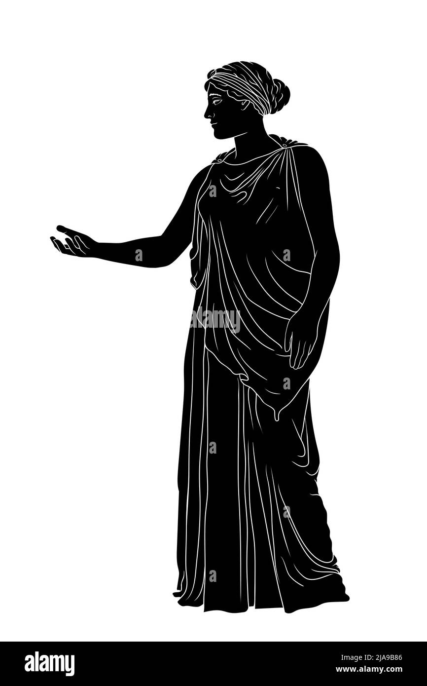 Una giovane donna greca antica in una tunica e mantello si alza e gesti. Illustrazione Vettoriale