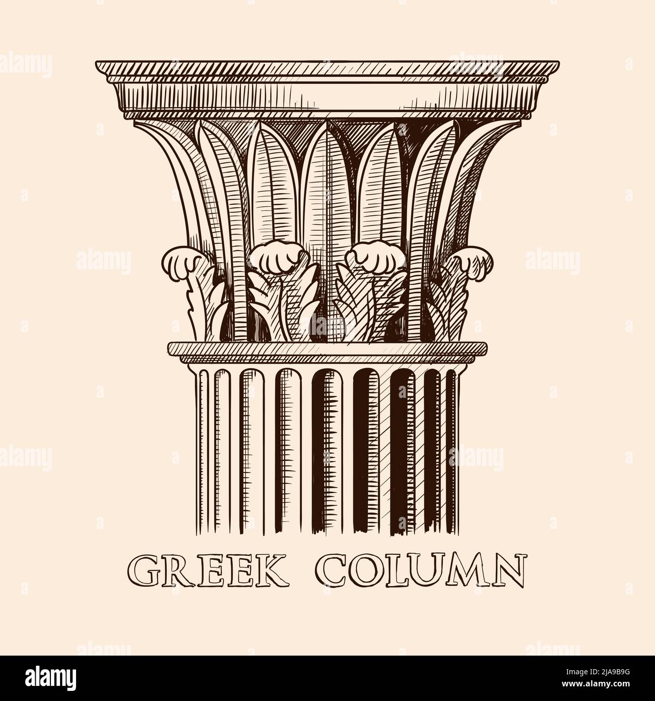 La capitale di un'antica colonna greca. Disegno a mano dello schizzo isolato su sfondo beige. Illustrazione Vettoriale