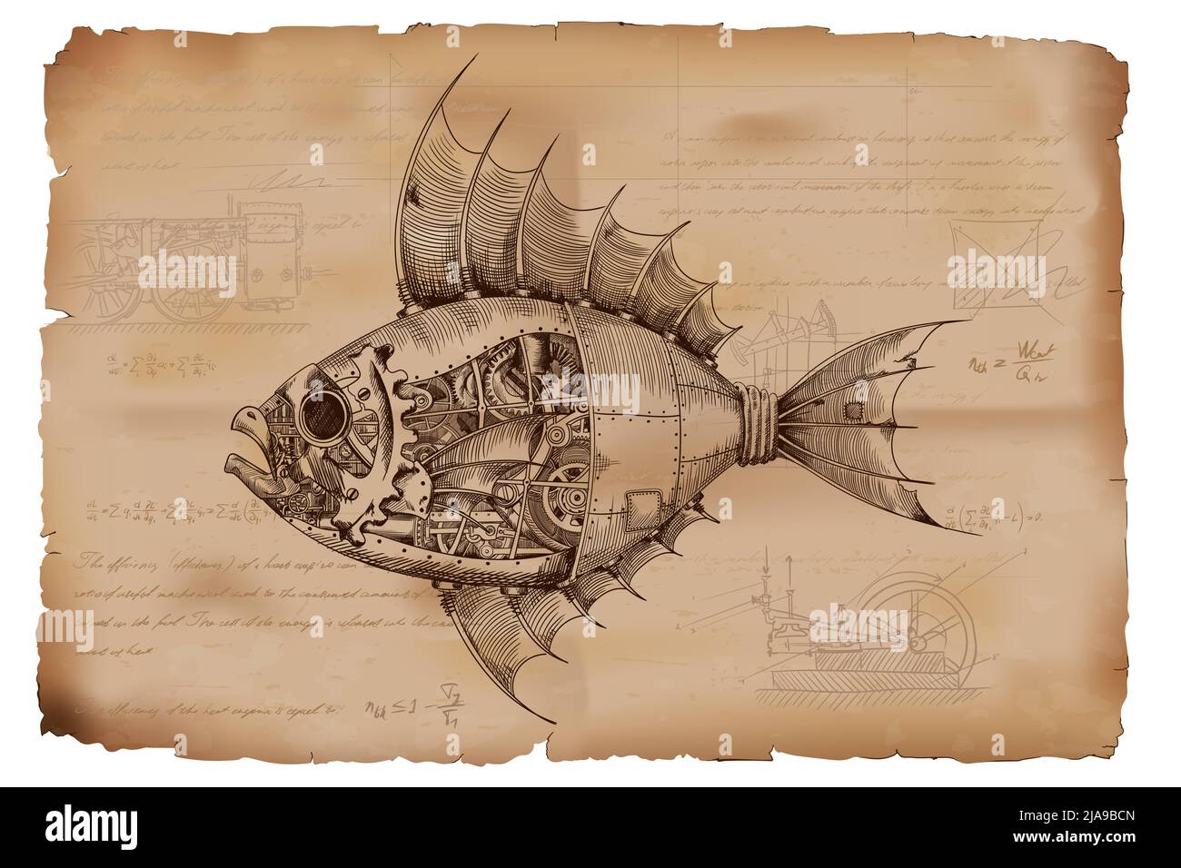 Pesce con corpo metallico a controllo meccanico in stile steampunk sullo sfondo di vecchia carta sbriciolata con disegni, formule e note tecniche. Illustrazione Vettoriale