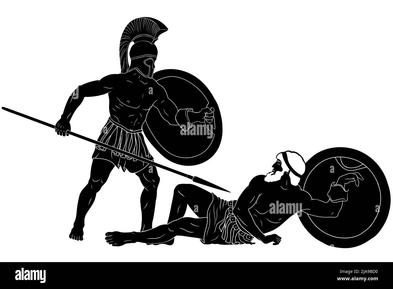 La trama mitologica di Omero. Achille sconfigge Hector. Un antico guerriero greco con una lancia e uno scudo in mano si erge sopra l'enem sconfitto Illustrazione Vettoriale