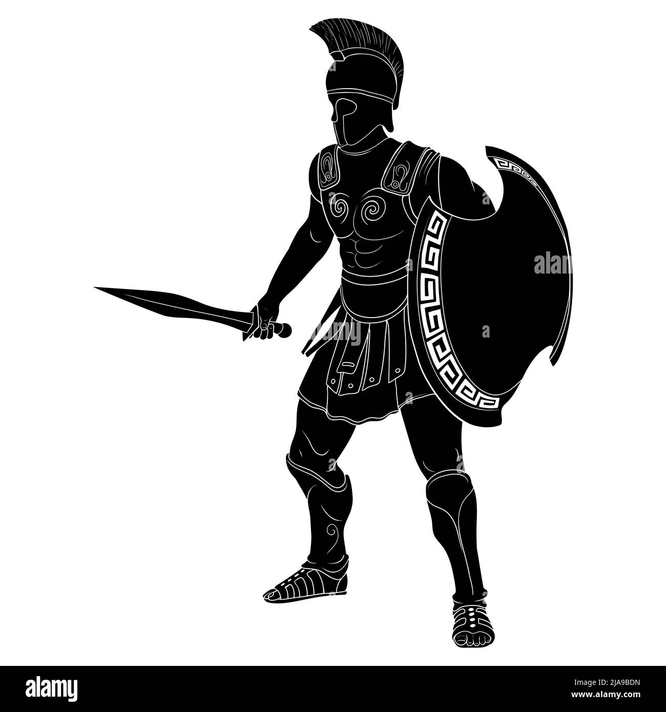 Antico guerriero greco in armatura e un casco con un'arma in mano si erge pronto per l'attacco e la difesa isolato su sfondo bianco. Illustrazione Vettoriale