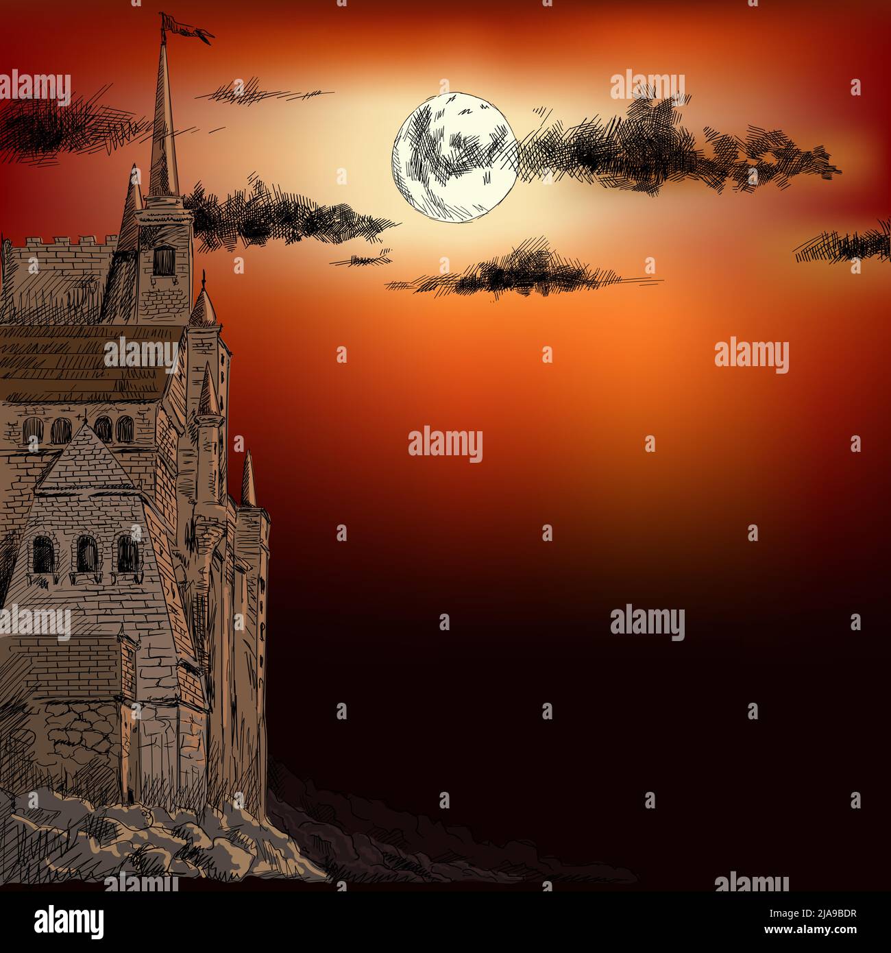 Un castello medievale fiabesco su una scogliera di pietra contro una luna luminosa e le nuvole. Illustrazione Vettoriale