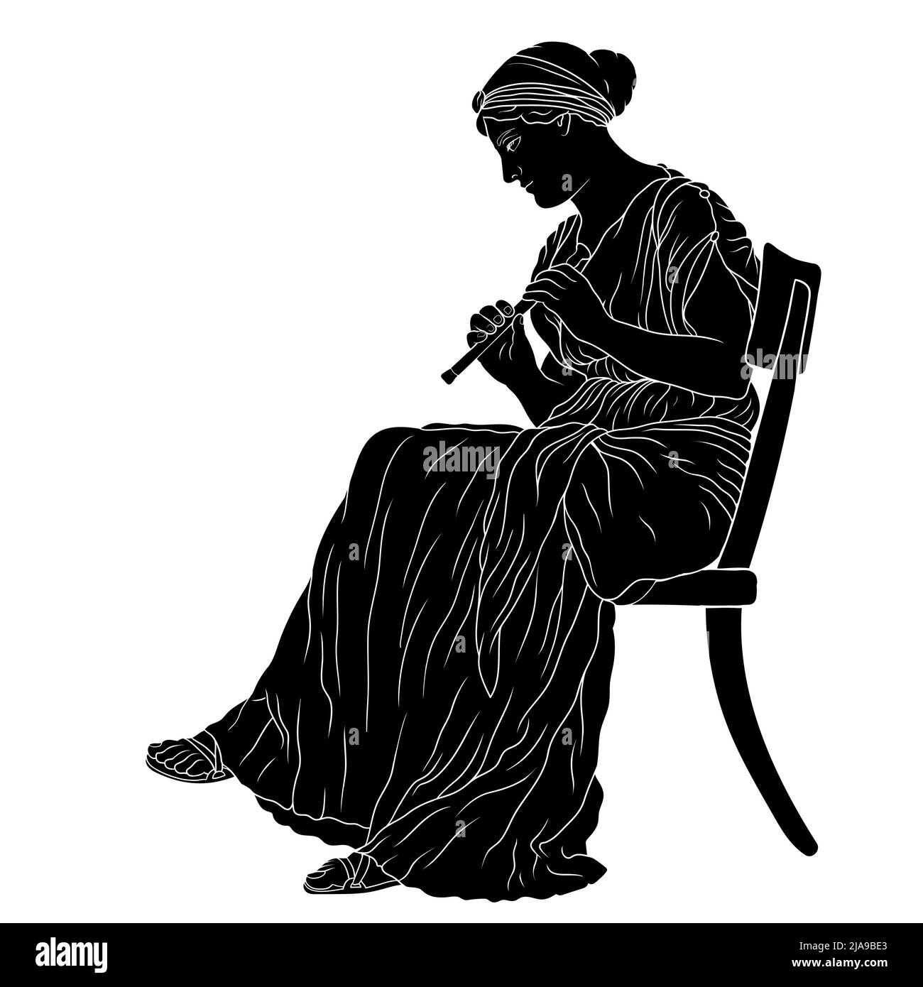 Un'antica donna greca in una tunica siede su una sedia e suona il tubo. Illustrazione Vettoriale