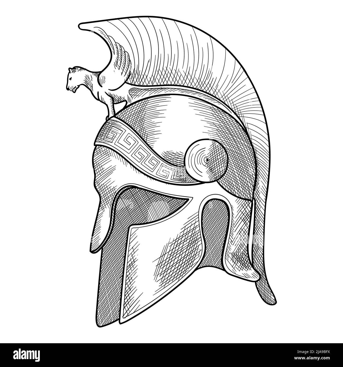 Casco dell'antico hoplite guerriero greco con ornamento a meandro nazionale. Semplice schizzo a mano isolato su sfondo bianco. Illustrazione Vettoriale