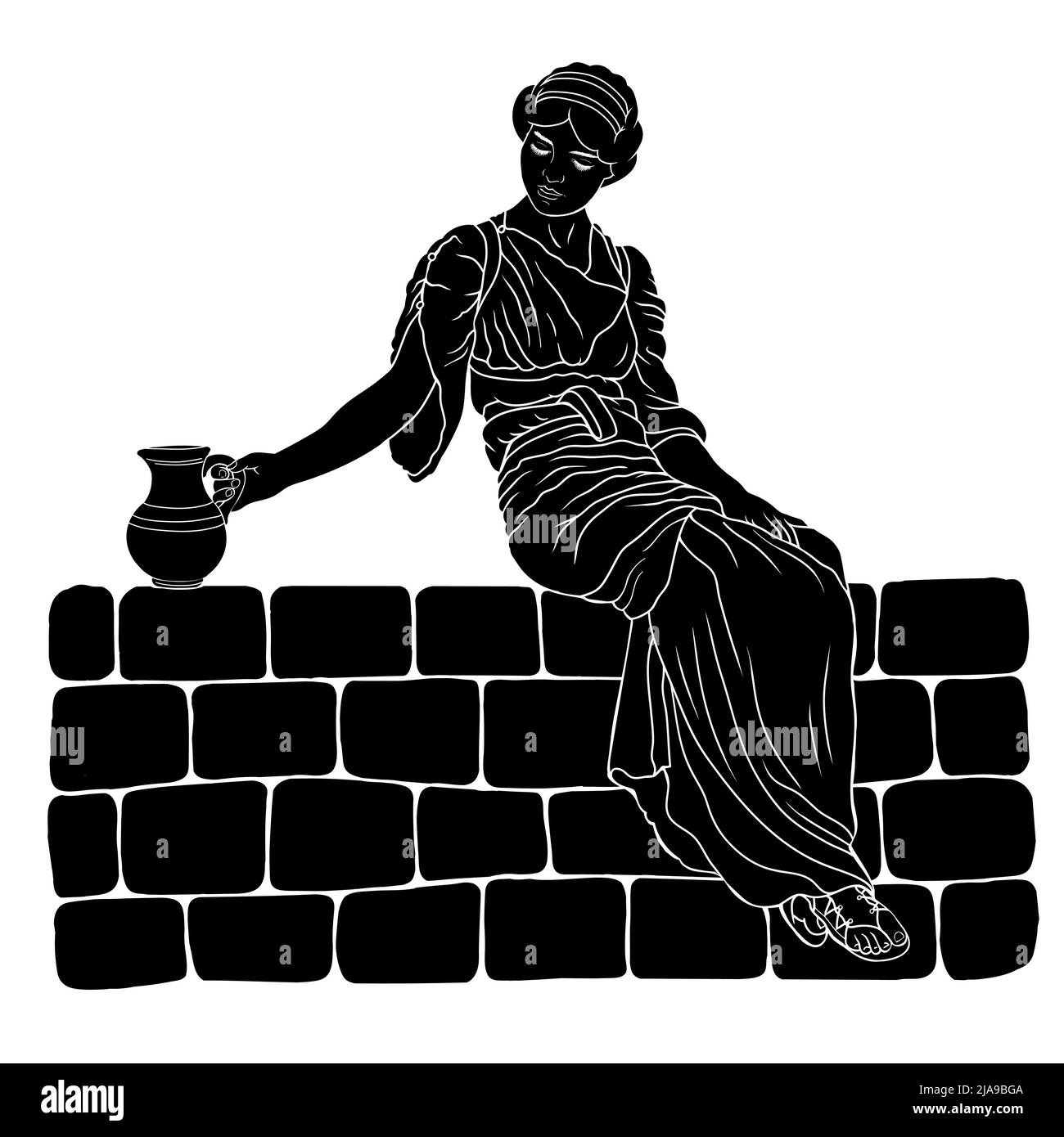 Una giovane donna greca antica siede su un parapetto di pietra e tiene in mano una brocca di vino. Illustrazione Vettoriale