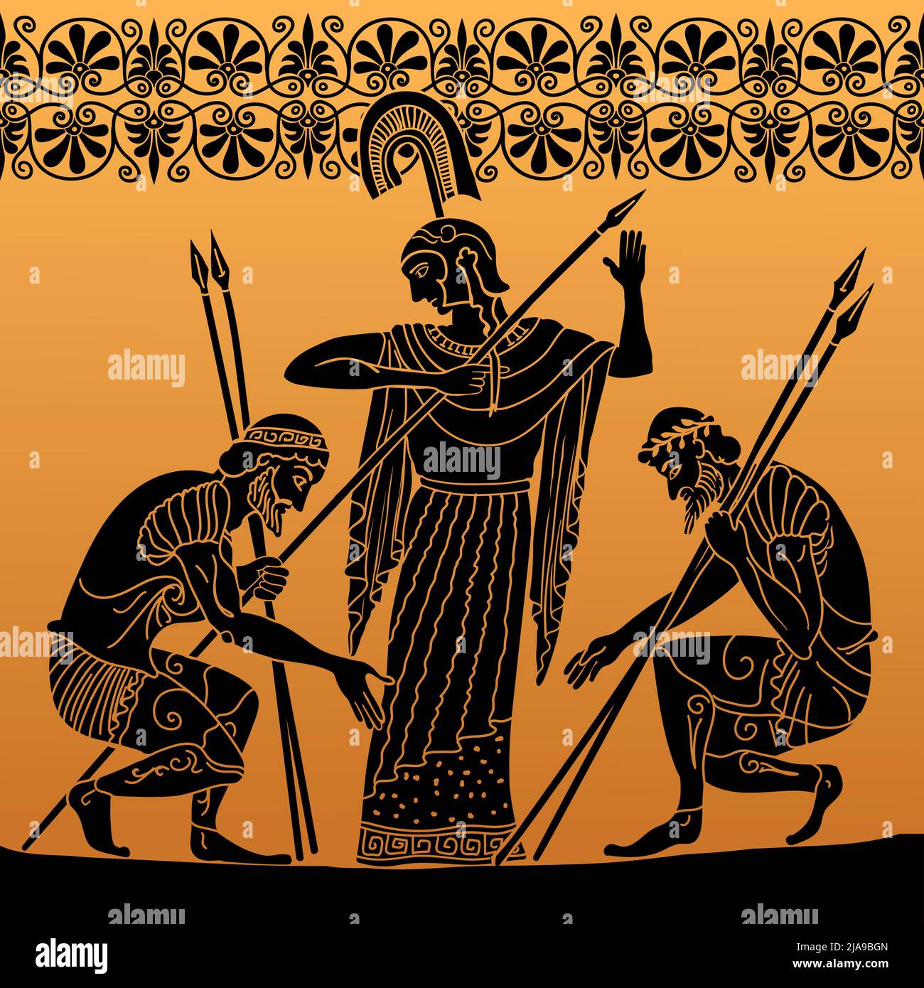 Pittura greca antica sui piatti. Due guerrieri in armatura con lance in mano si inchinarono davanti ad una donna in una tunica. Illustrazione Vettoriale