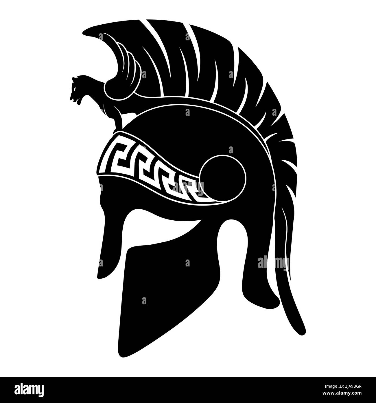 Casco dell'antico hoplite guerriero greco con ornamento a meandro nazionale isolato su sfondo bianco. Illustrazione Vettoriale