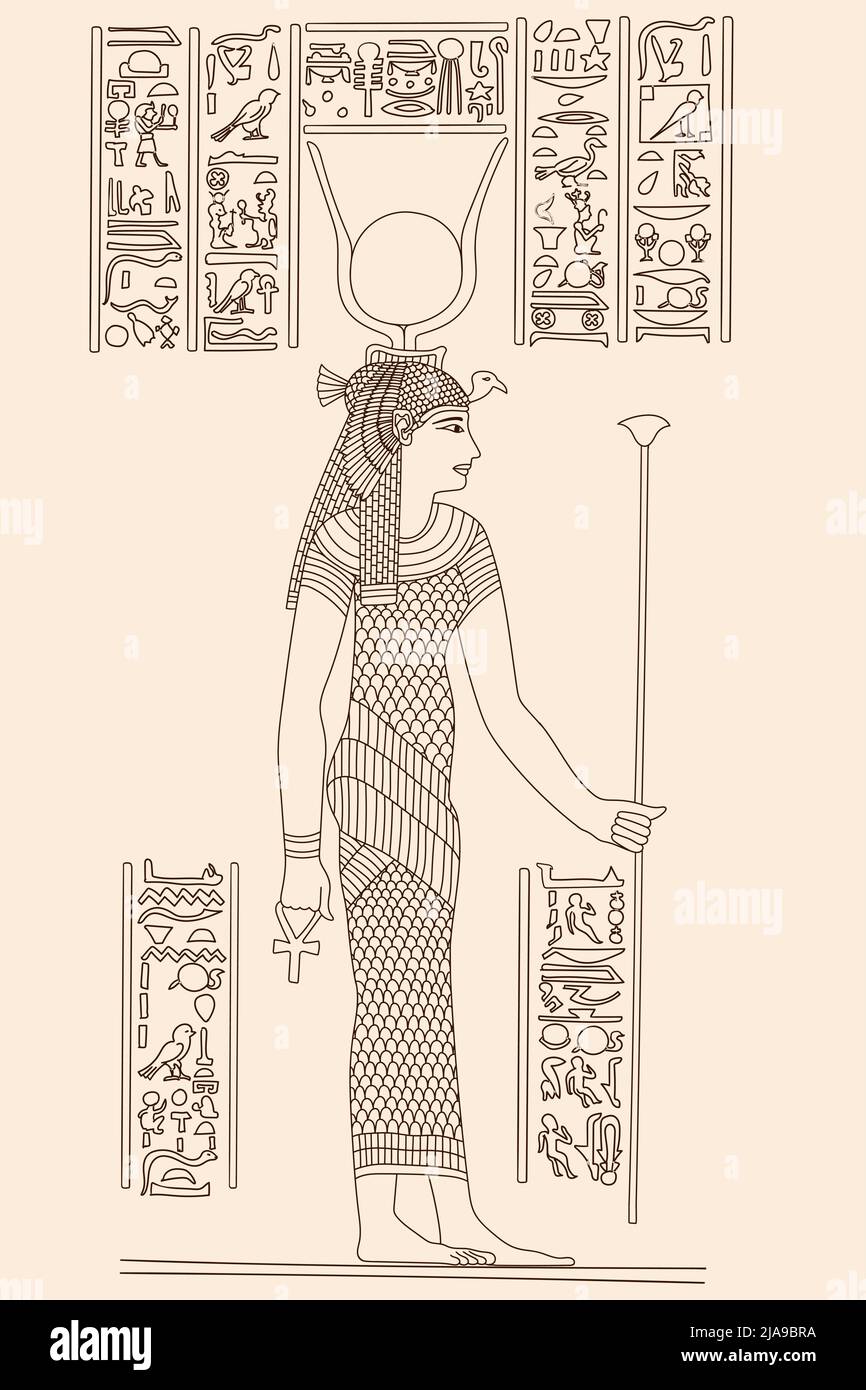 Antico papiro egizio raffigurante una giovane donna che tiene uno scettro nelle sue mani. Segni e simboli dei geroglifici sul muro. Illustrazione Vettoriale