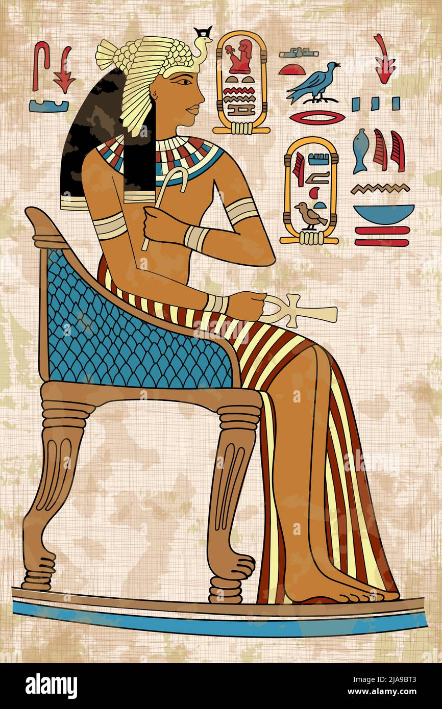 Antico papiro egizio raffigurante una giovane donna seduta su un trono e che tiene uno scettro nelle sue mani. Segni e simboli dei geroglifici sul muro. Illustrazione Vettoriale