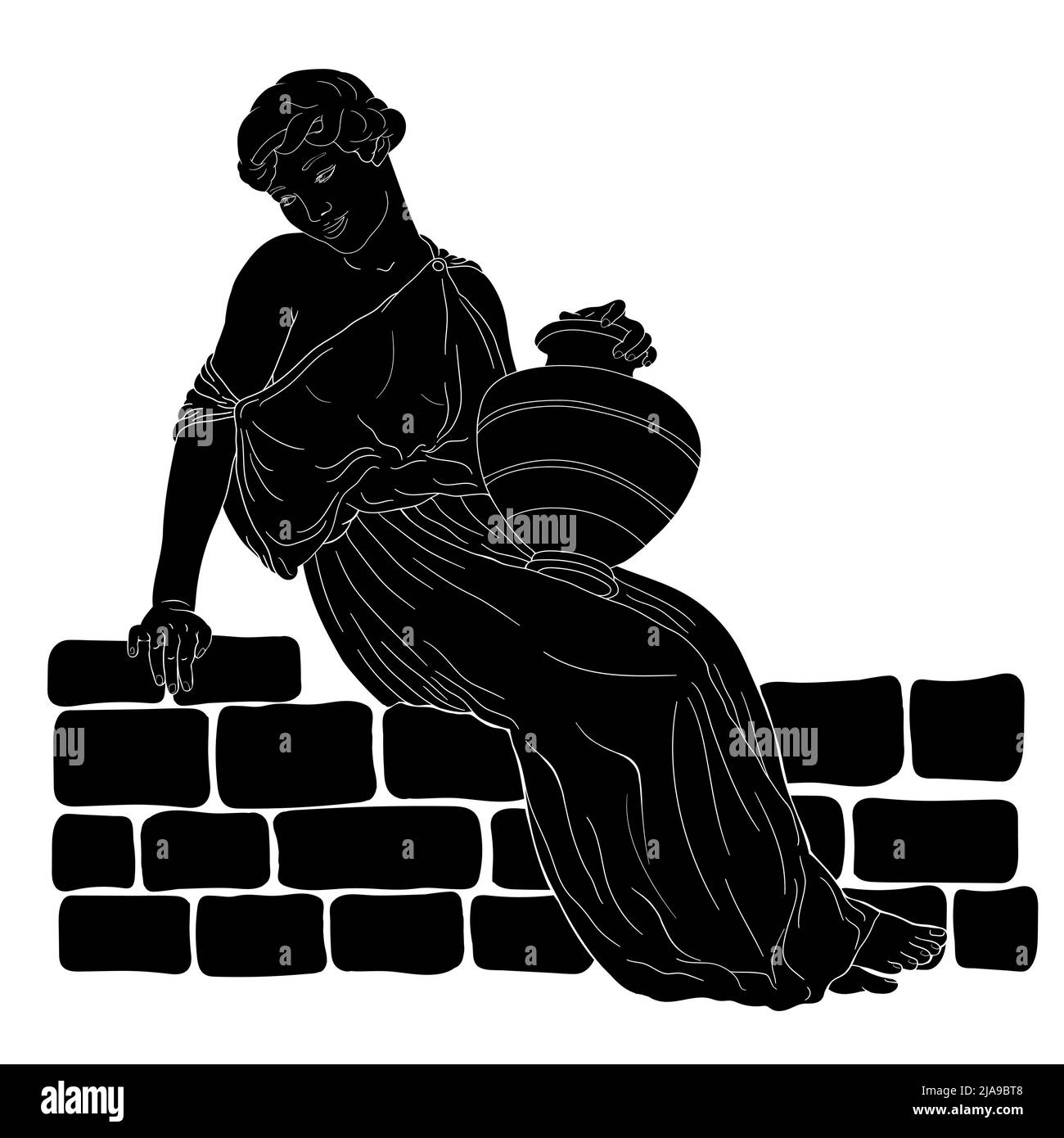 Una giovane donna greca antica siede su un parapetto di pietra e tiene in mano una brocca di vino. Illustrazione Vettoriale