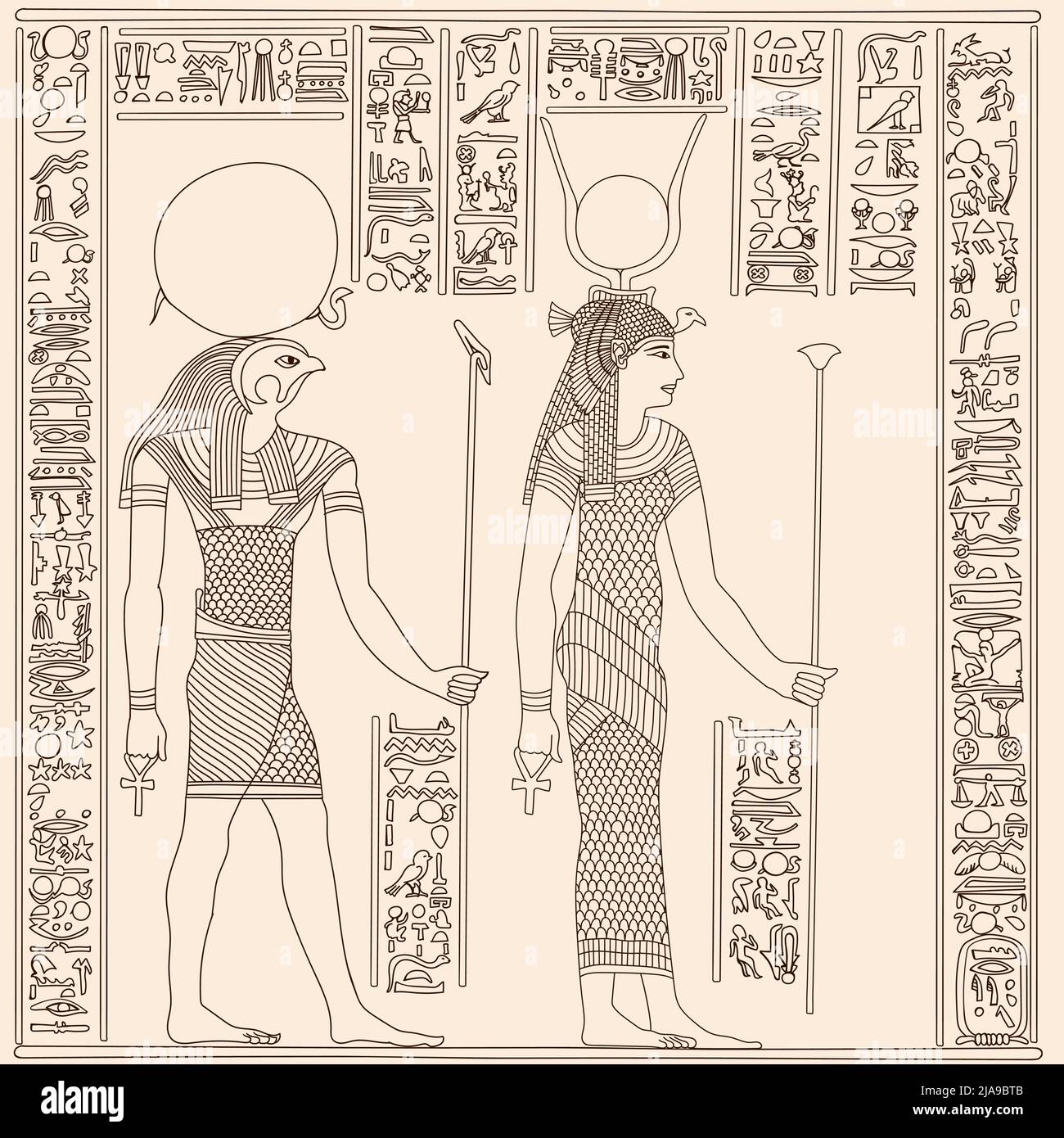 Antico papiro egizio raffigurante due figure con scettro in mano. Segni e simboli dei geroglifici sul muro. Illustrazione Vettoriale