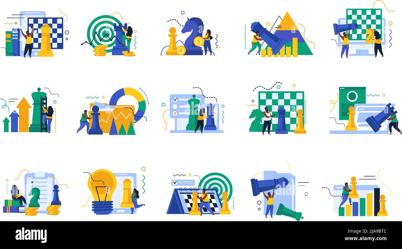 Business strategia recolor insieme con scacchi e simboli idea piatta isolato vettore illustrazione Illustrazione Vettoriale