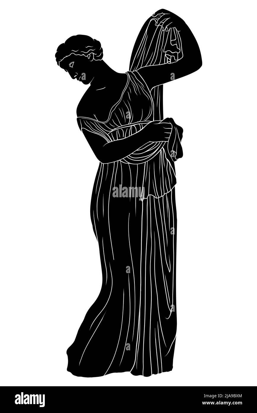 Una giovane donna greca antica in una tunica si erge e mette su un mantello. Figura isolata su sfondo bianco. Illustrazione Vettoriale