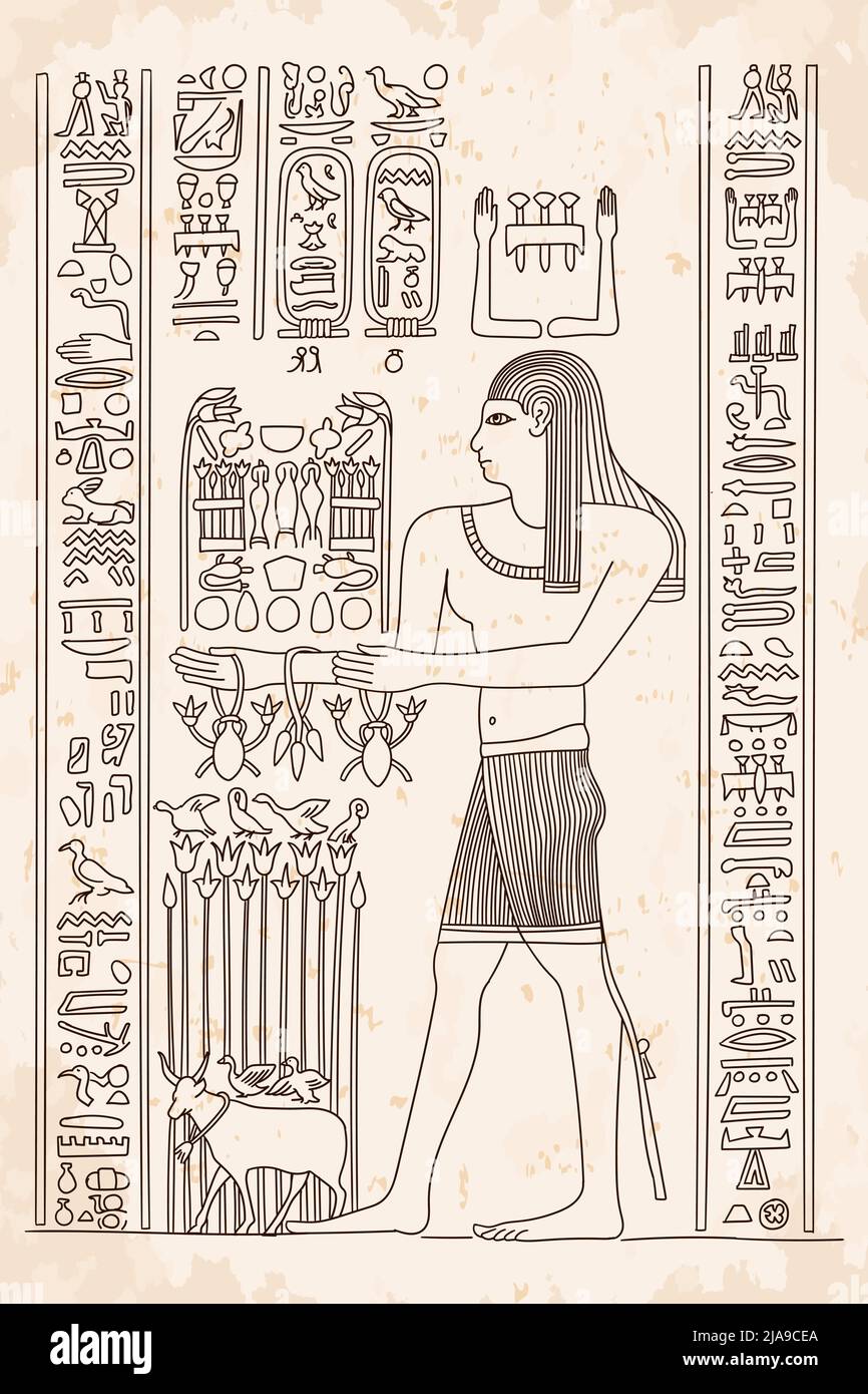 Antico disegno egizio con geroglifici su papiro. Un uomo esegue un rito. Illustrazione Vettoriale