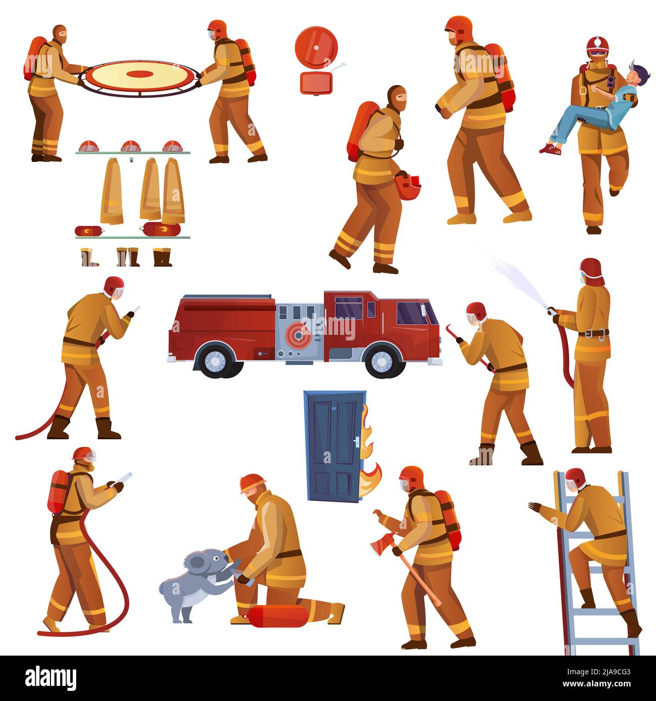 Vigili del fuoco con icone piatte isolate di attrezzature antincendio con immagine del camion e illustrazione vettoriale dei personaggi umani Illustrazione Vettoriale