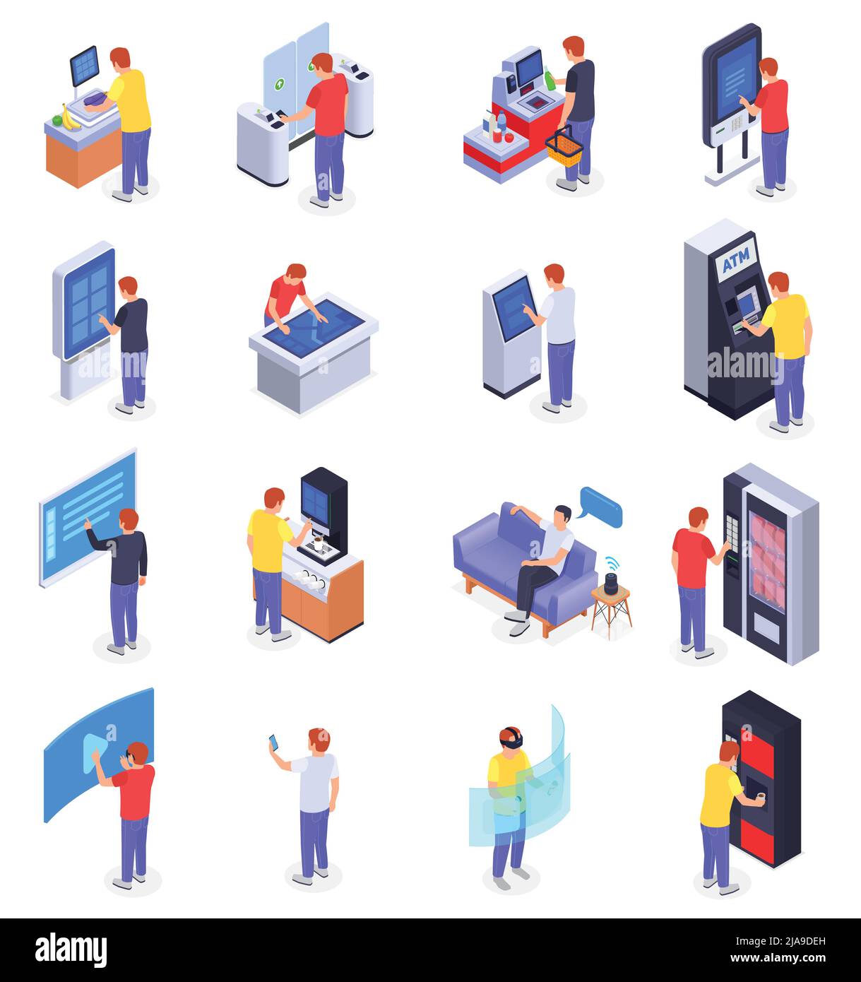 Interfacce isometriche icone impostate con persone che utilizzano self checkout turnstyle schermo virtuale atm smart speaker isolato vettore illustrazione Illustrazione Vettoriale
