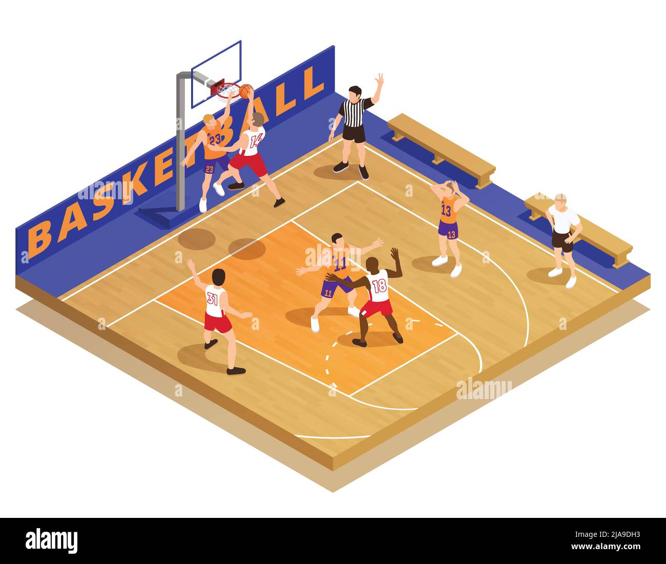 Composizione isometrica basket con momento di gioco con personaggi umani di membri della squadra di gioco e illustrazione vettoriale arbitro Illustrazione Vettoriale