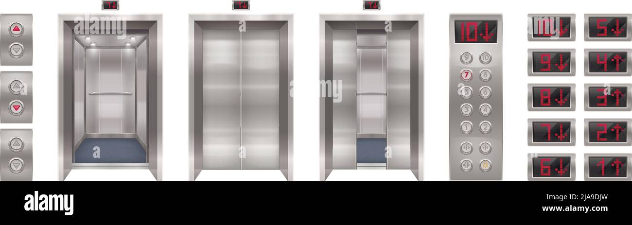 Porta ascensore con immagini realistiche di porte automatiche con pannello pulsanti e schermate con illustrazione vettoriale a cifre Illustrazione Vettoriale