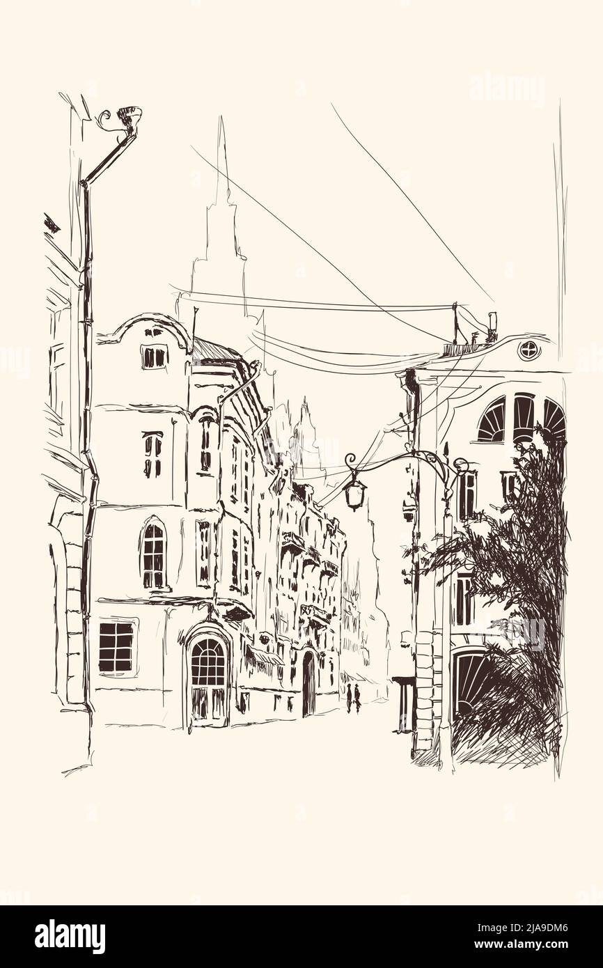 Strada della città antica con case in pietra. Illustrazione Vettoriale