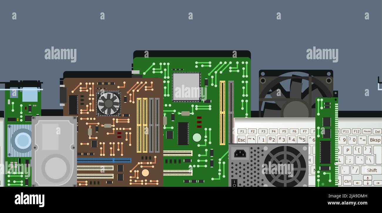 Parte di ricambio per personal computer. Sfondo senza giunture orizzontali. Accessori per PC o notebook. Scheda memoria RAM unità disco rigido dell'alimentatore. Scheda madre AN Illustrazione Vettoriale