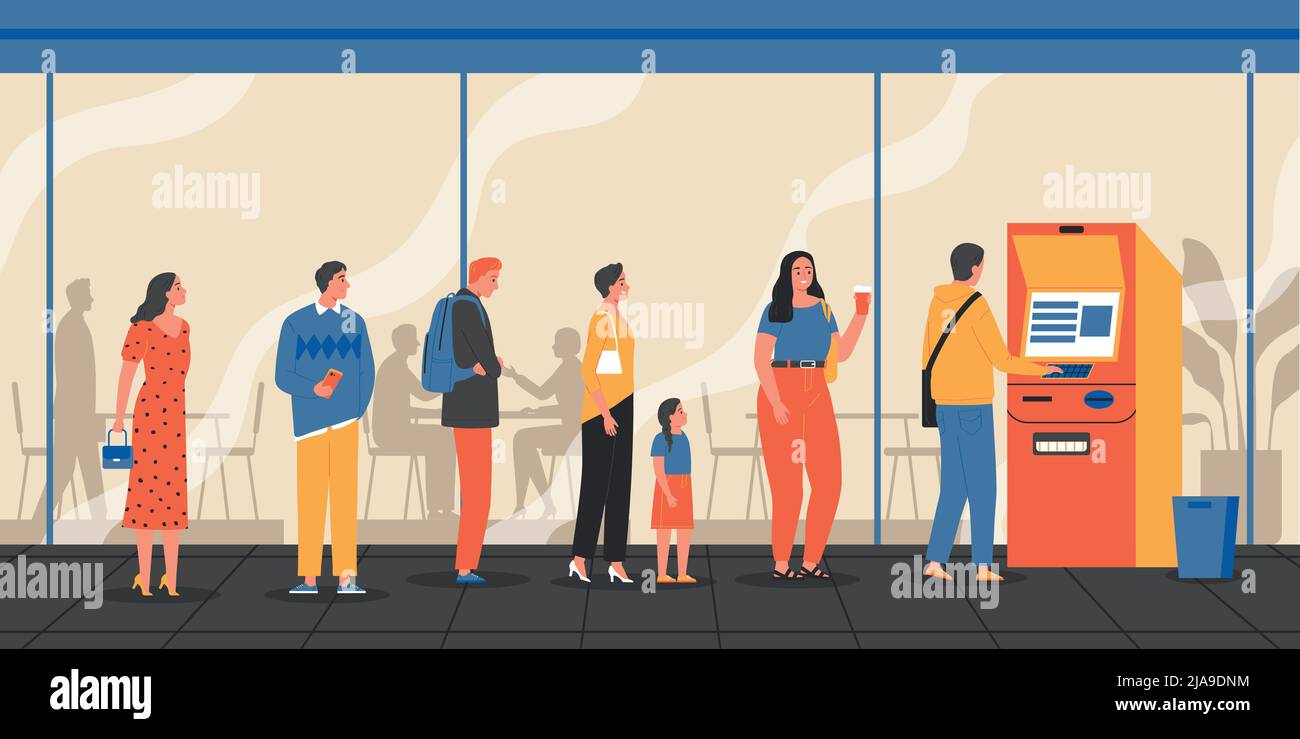 Composizione atm coda con vista esterna di persone in linea con atm macchina per illustrazione vettore prelievo Illustrazione Vettoriale