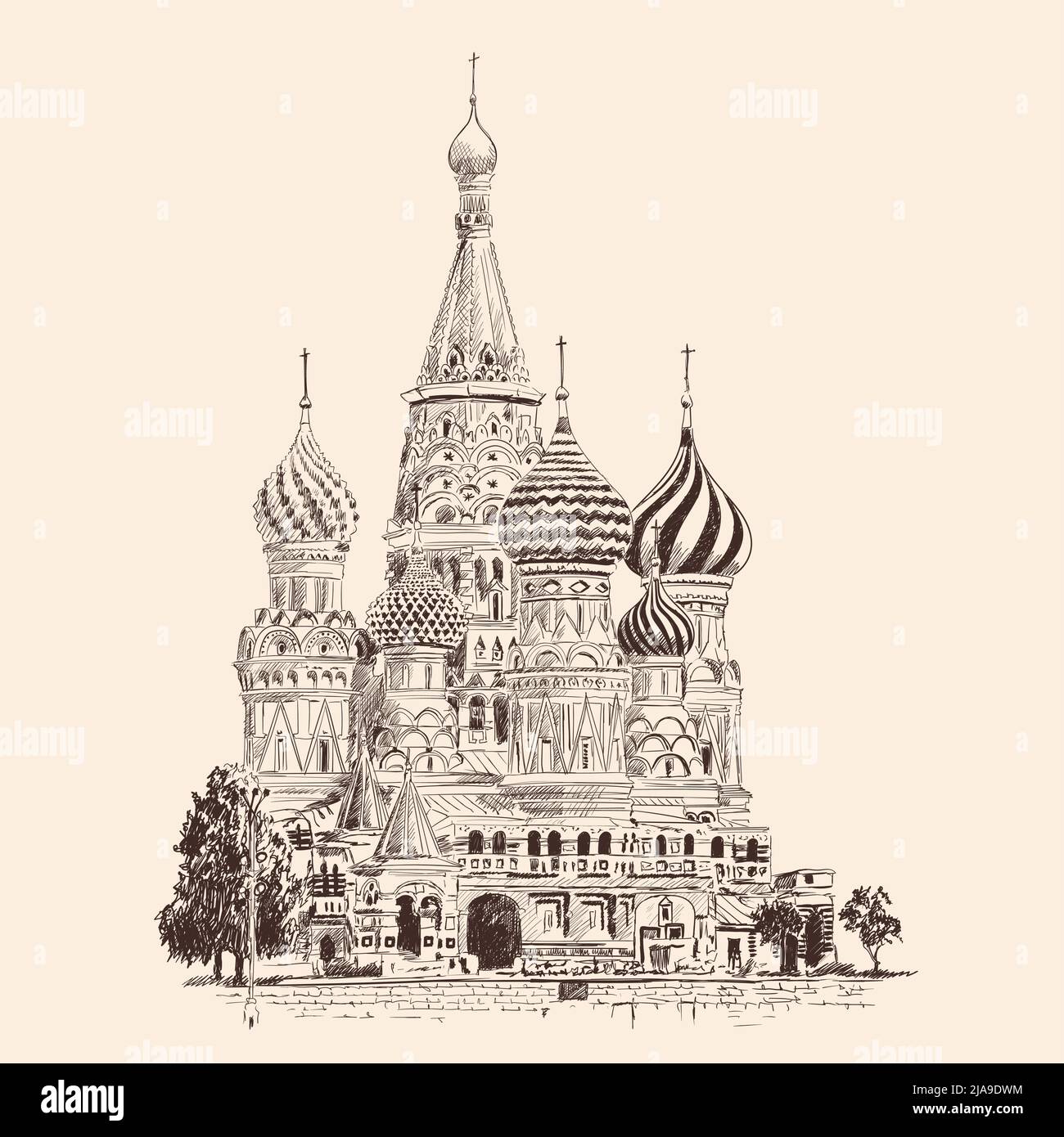 Cattedrale di San Basilio sulla Piazza Rossa di Mosca. Russia. Disegno a matita su sfondo beige. Illustrazione Vettoriale
